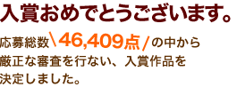 入賞おめでとうございます。応募総数46,409点の中から厳正な審査を行ない、入賞作品を決定しました。